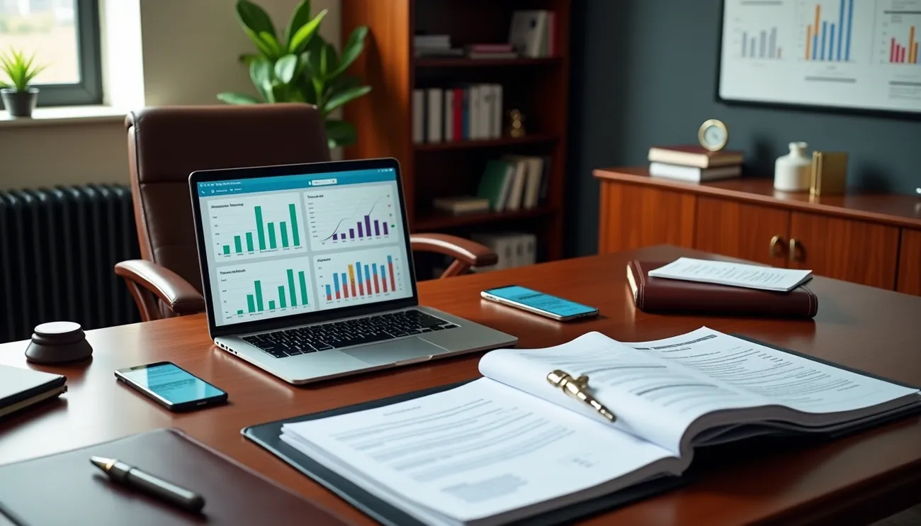 Office desk with laptop displaying financial charts, legal documents, and smartphones in a law firm setting.