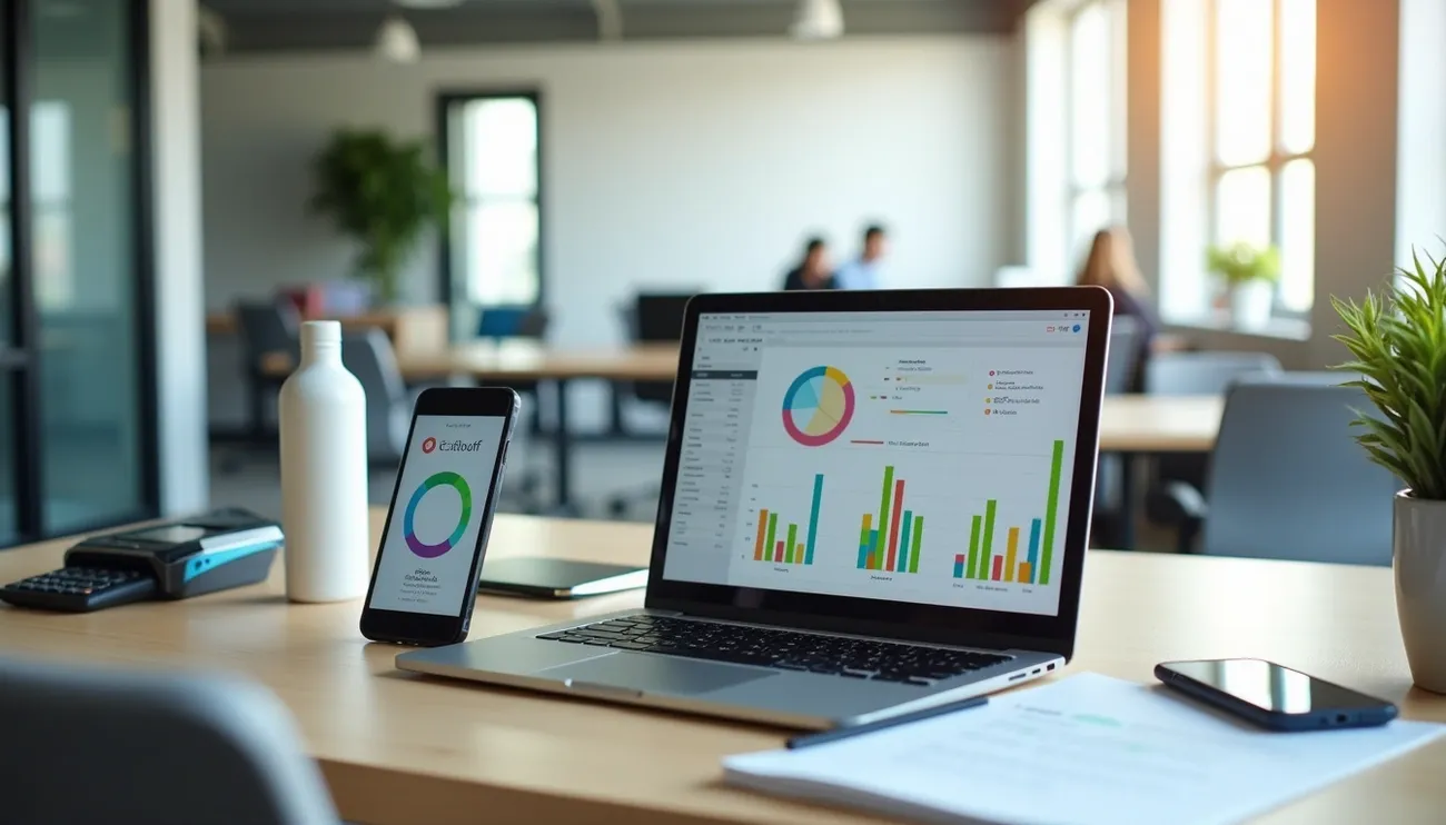 Laptop and smartphone displaying colorful charts and graphs on a desk in a modern office setting.