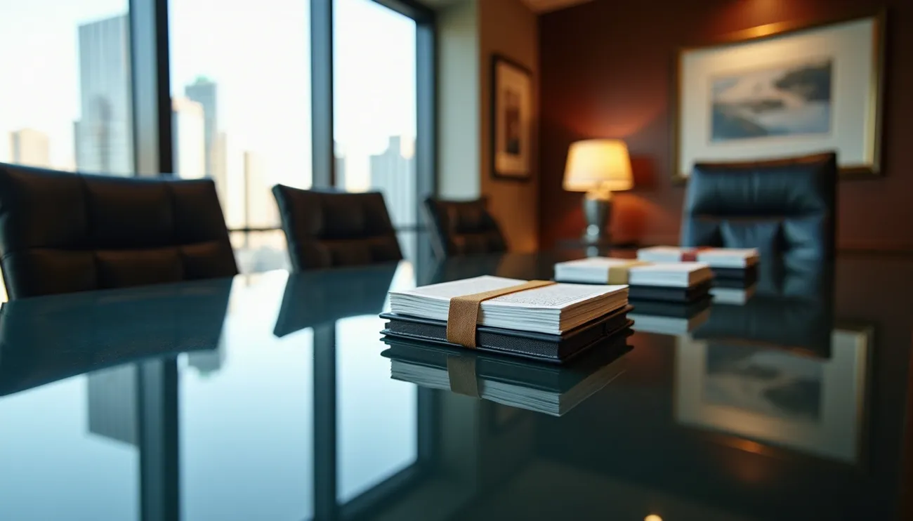 Modern law firm conference room with leather chairs and stacks of bound documents on a reflective table