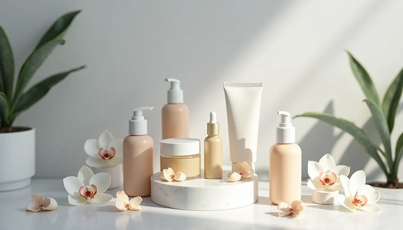 A collection of skincare product bottles and jars arranged with white flowers and green plants in soft natural light.
