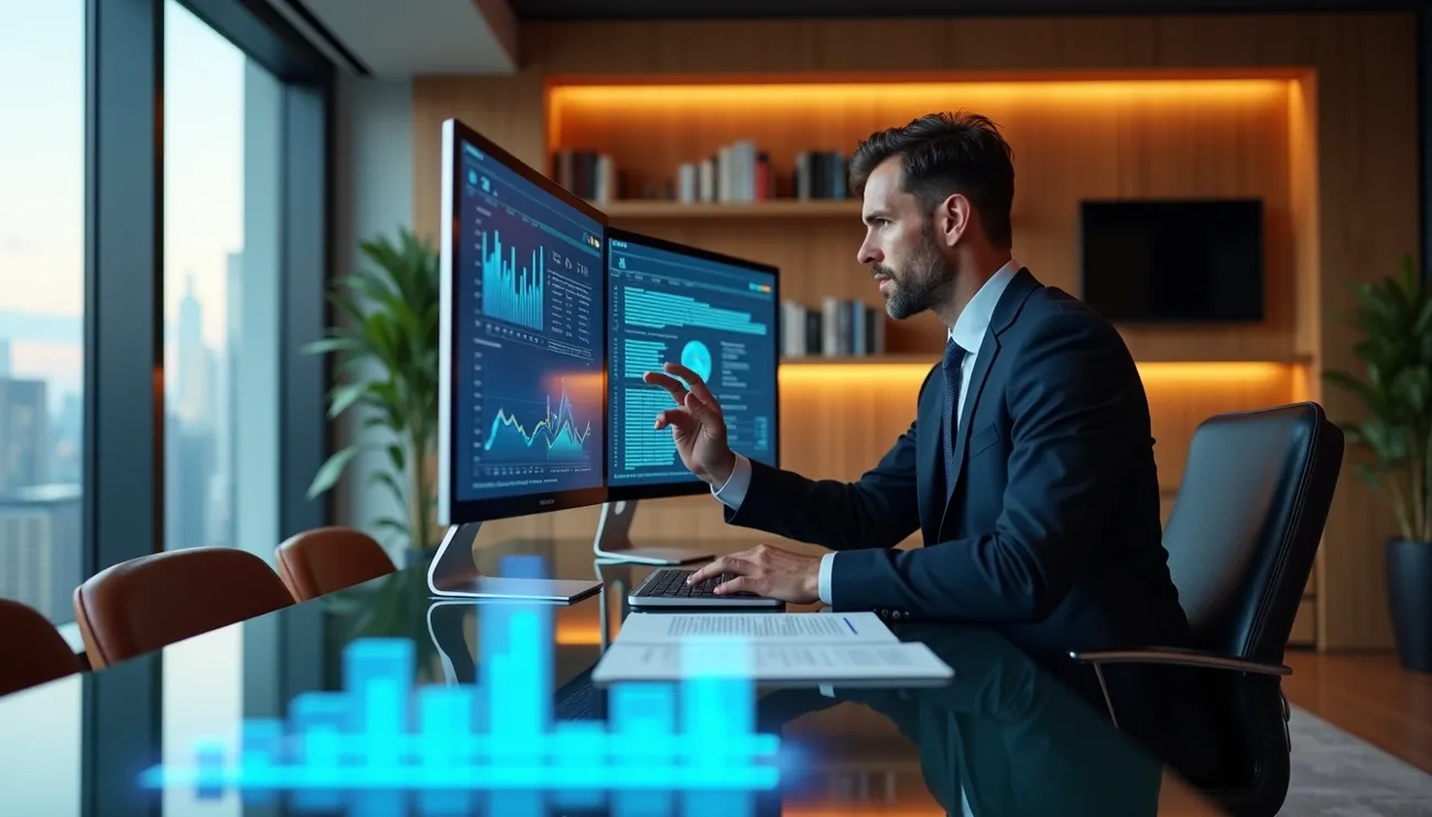 Business professional in a modern office analyzing financial data and charts on dual computer monitors.