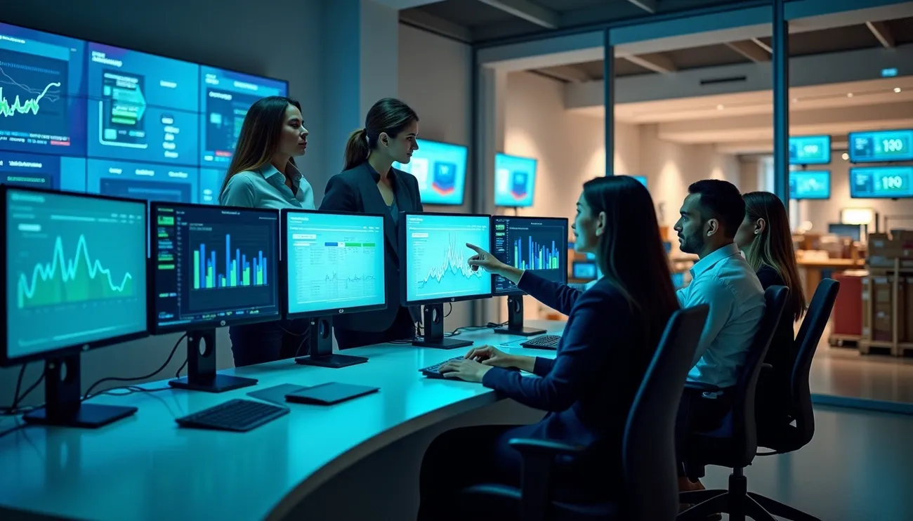 Team analyzing dynamic pricing data on multiple screens in a modern office environment for e-commerce success.