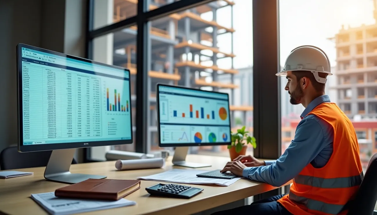 Construction project manager in safety gear analyzing WIP reports and financial charts on dual monitors in an office.