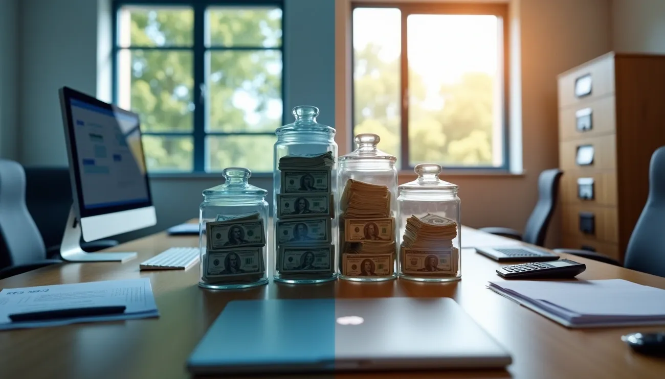 Glass jars filled with stacks of cash on an office table symbolizing trust accounting versus regular banking protection.