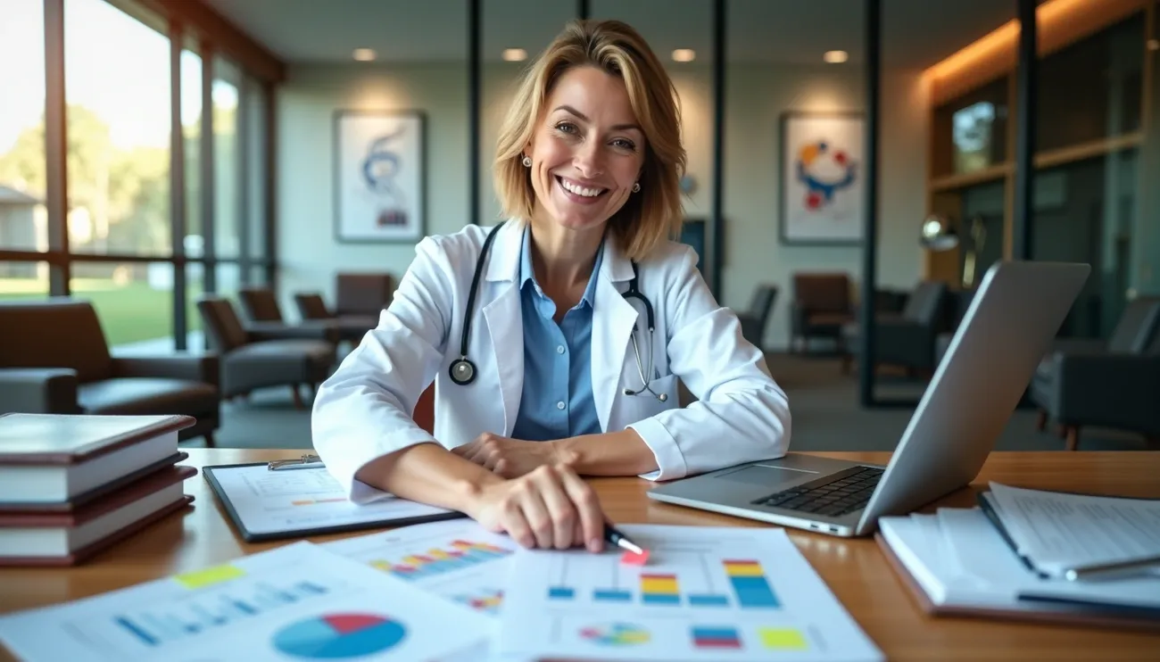 Doctor in a white coat reviews colorful charts and graphs on a desk with a laptop and documents in a modern office.