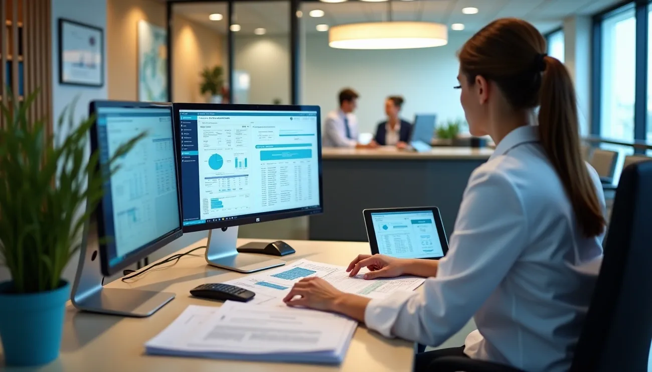 Medical professional analyzes financial data on multiple screens and documents in a modern office setting.