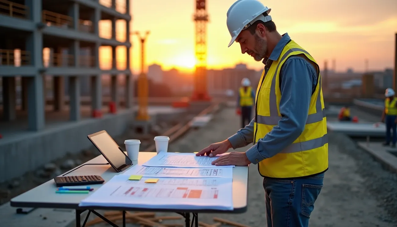 Construction project manager in a hard hat and vest reviewing blueprints on a table at a job site during sunset.