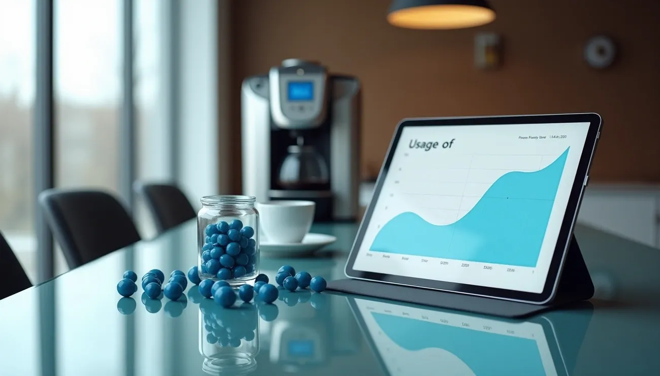 Tablet displaying rising usage graph on a table with blue candies and a coffee maker in a modern office setting.