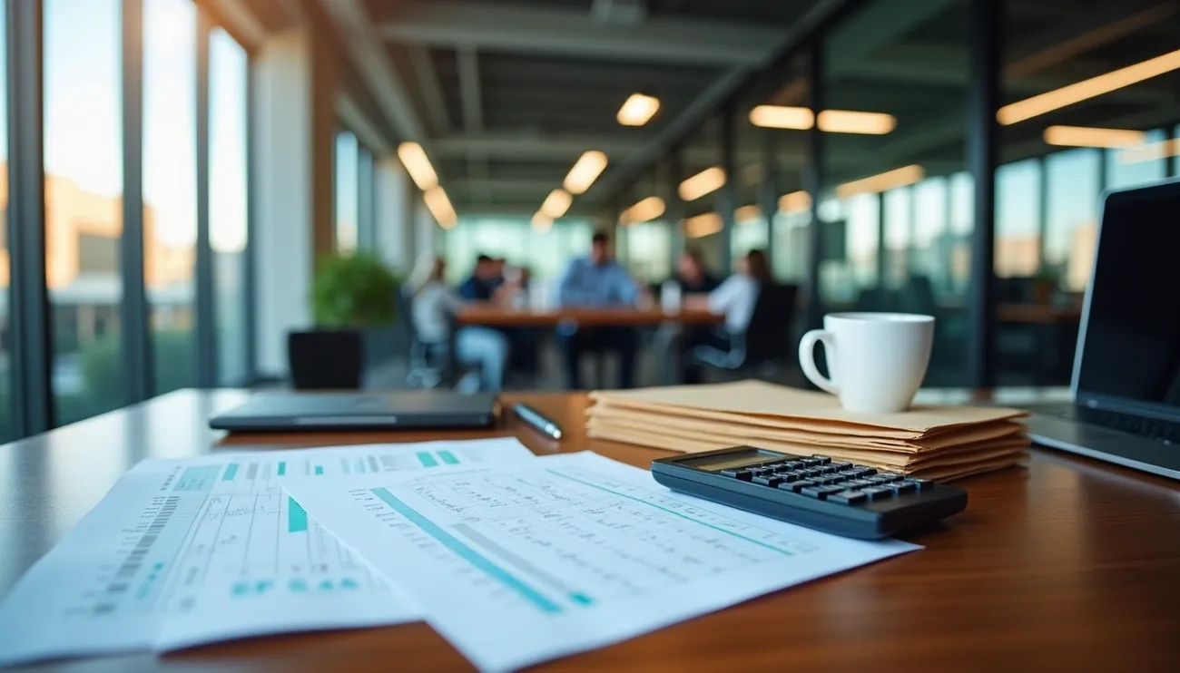 Calculator, financial documents, and coffee cup on a desk with blurred team meeting in a modern office background.
