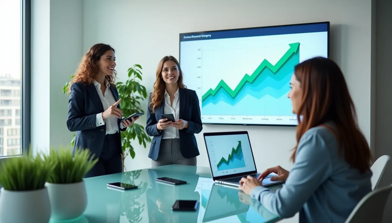 Business professionals discussing SaaS revenue growth with graphs displaying an upward trend on a laptop and screen.