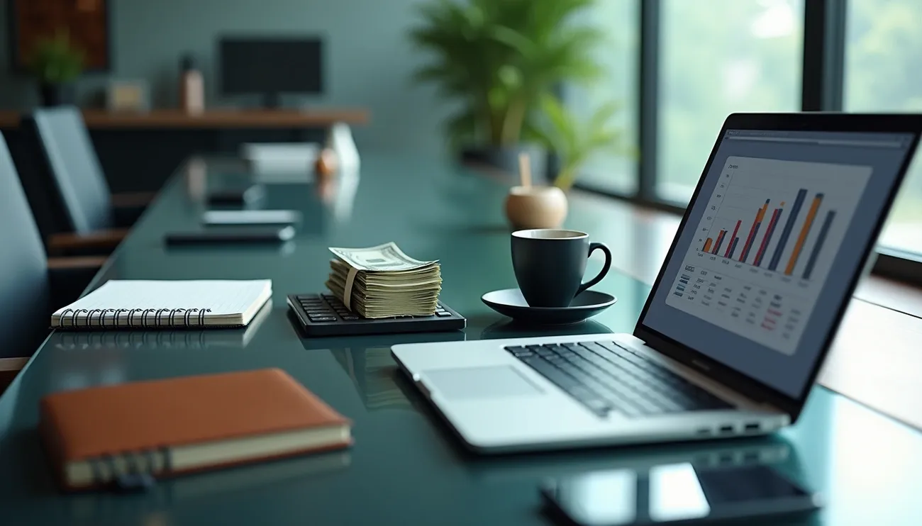 Laptop displaying financial charts, notebooks, calculator with cash, and coffee cup on a conference table in an office.