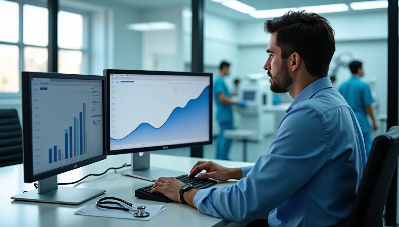 Healthcare professional analyzes dual monitor data charts in a modern medical facility to calculate technology ROI.