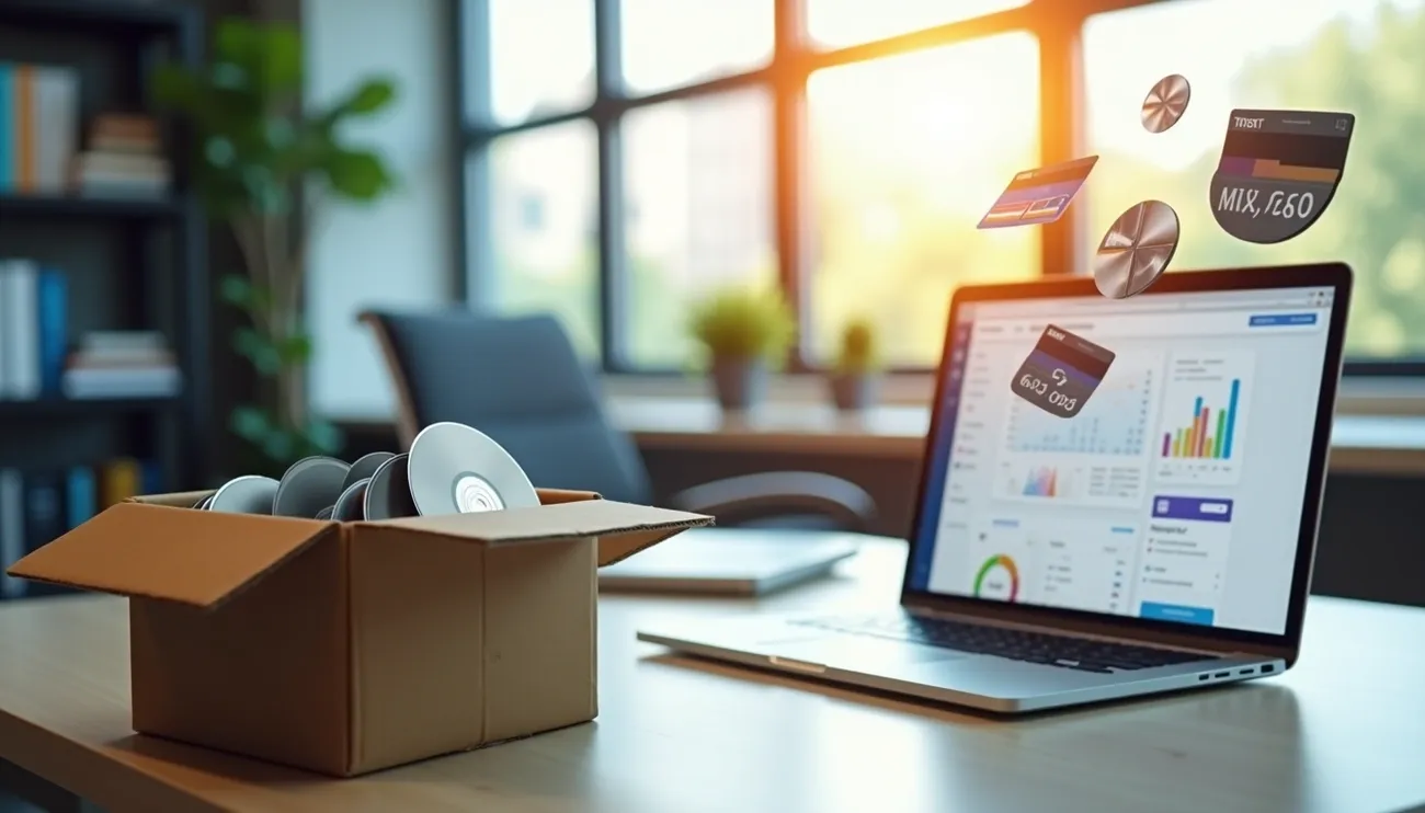 A cardboard box of CDs next to a laptop displaying SaaS revenue charts and floating digital payment icons.