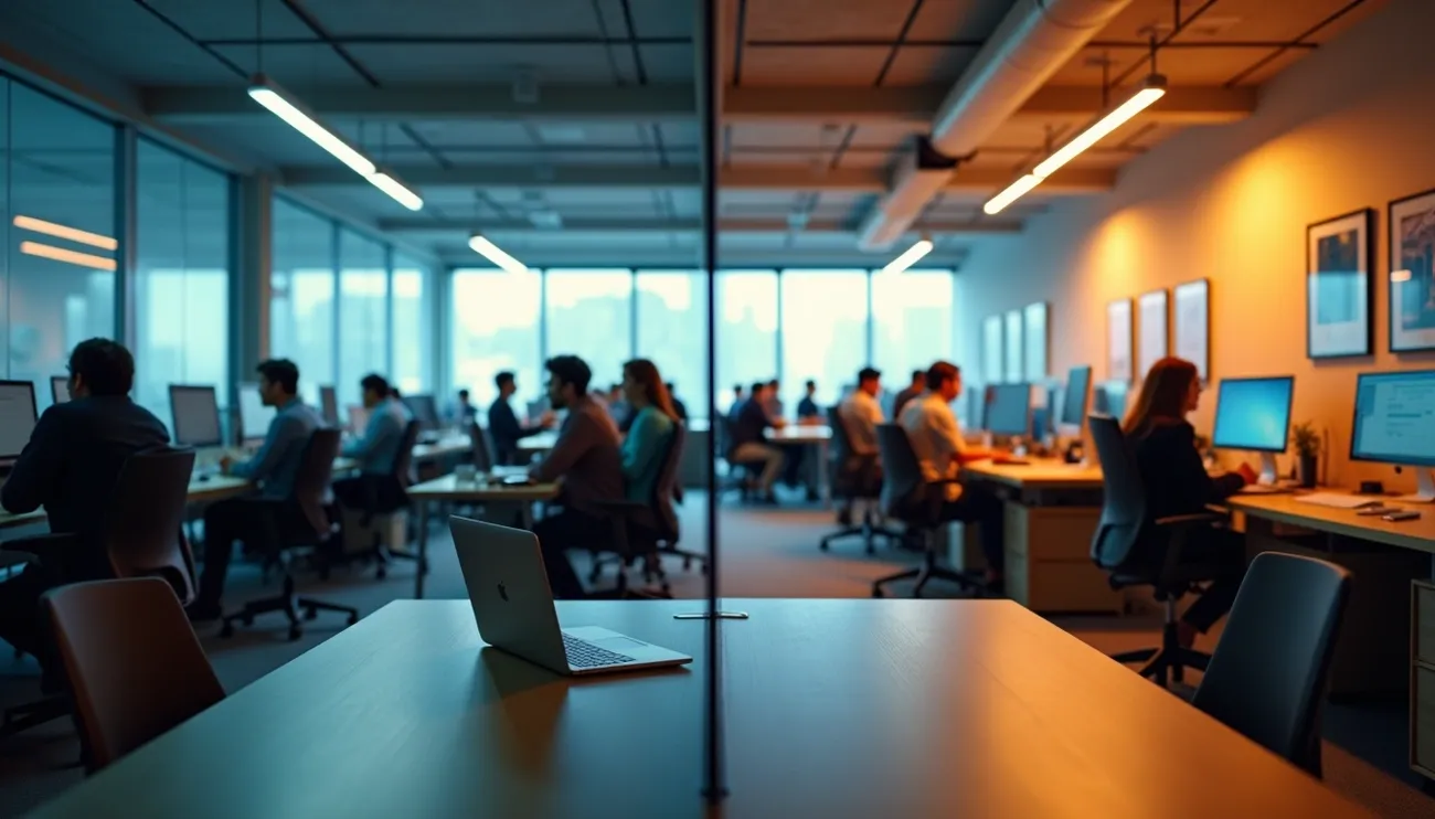 Modern office with employees working at computers on both sides of a glass partition during day and evening.
