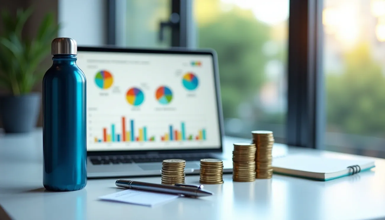 Stacked coins, a pen, and a laptop showing colorful charts on a desk symbolizing product line profitability analysis.
