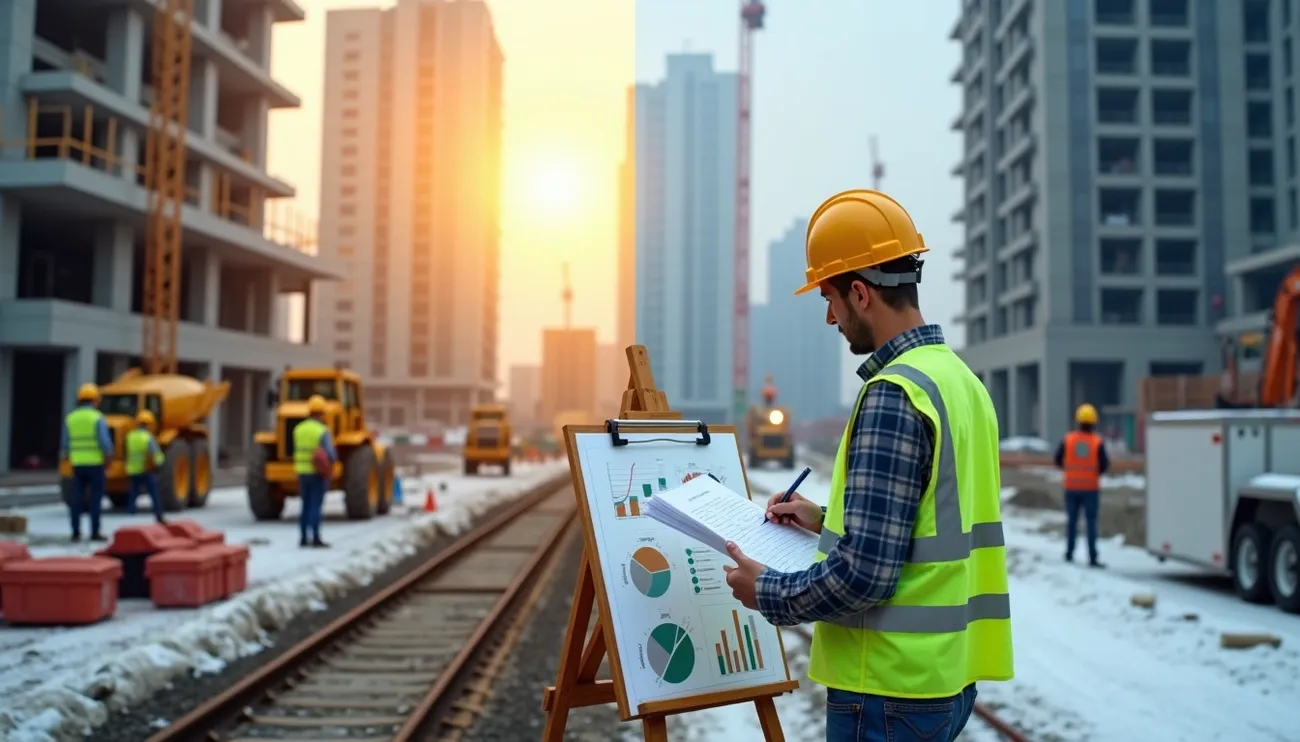 Construction worker in safety gear reviews charts and notes on a clipboard at an urban construction site at sunset.