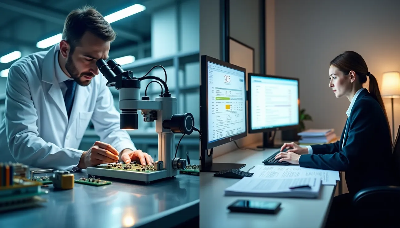 Scientist examines circuit board under microscope while colleague works on tax credit claims at computer workstation.