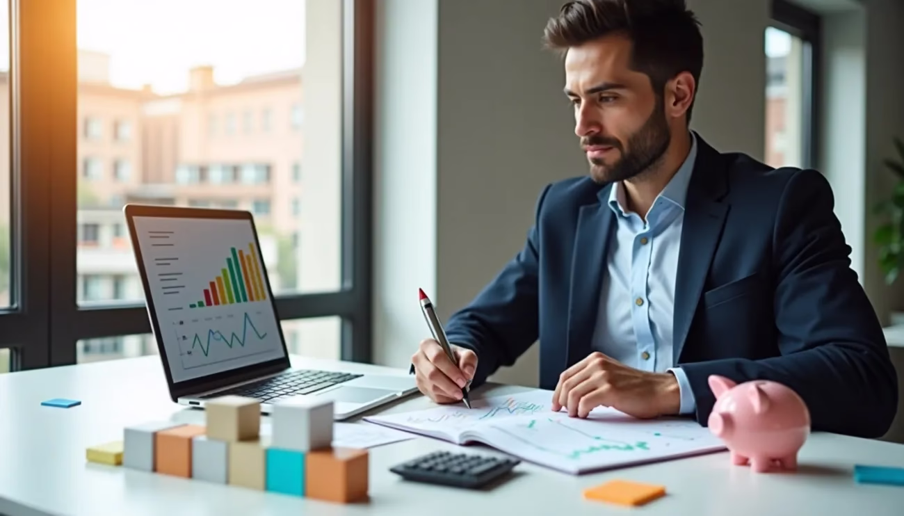 Businessman in suit analyzing financial charts with laptop, calculator, and piggy bank on desk in bright office.