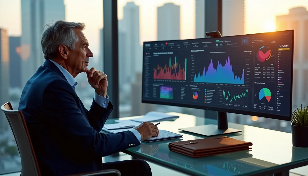 Business professional analyzing financial data and charts on a large monitor in a modern office at sunset.