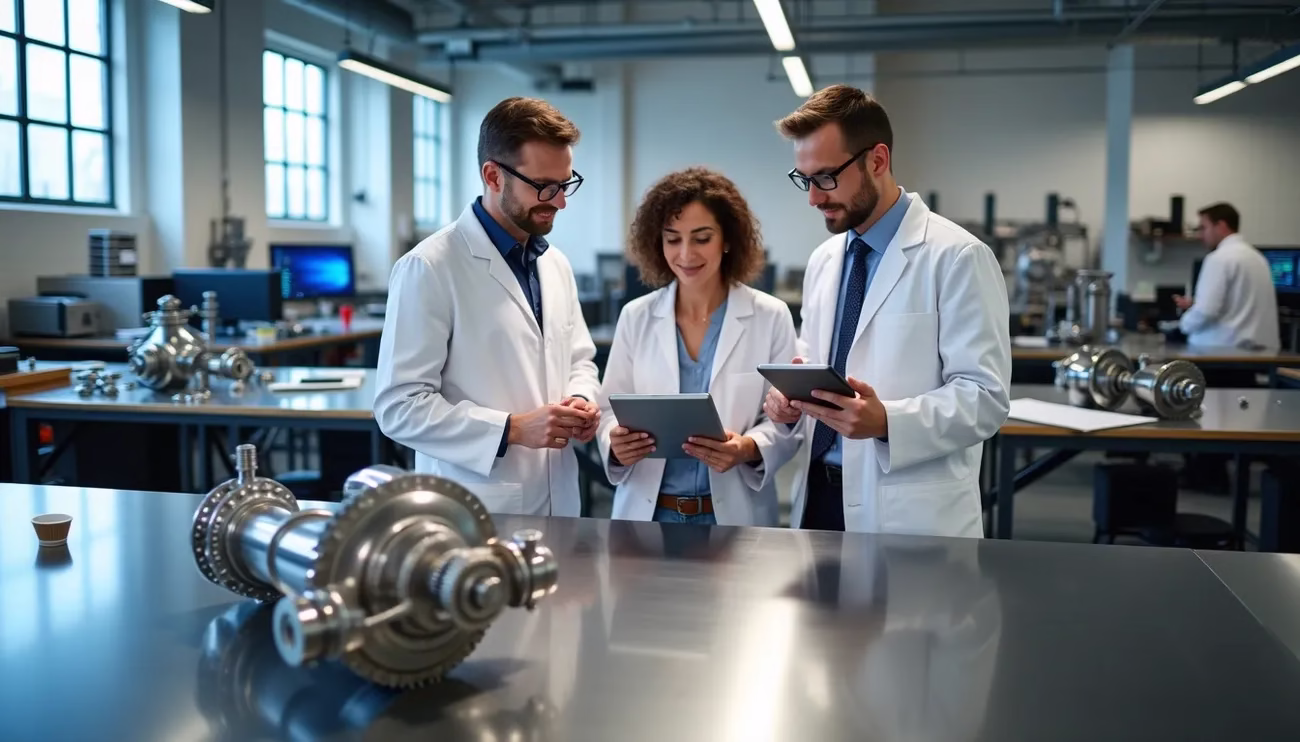Scientists in lab coats discuss data on tablets in a modern research lab with mechanical parts on tables.