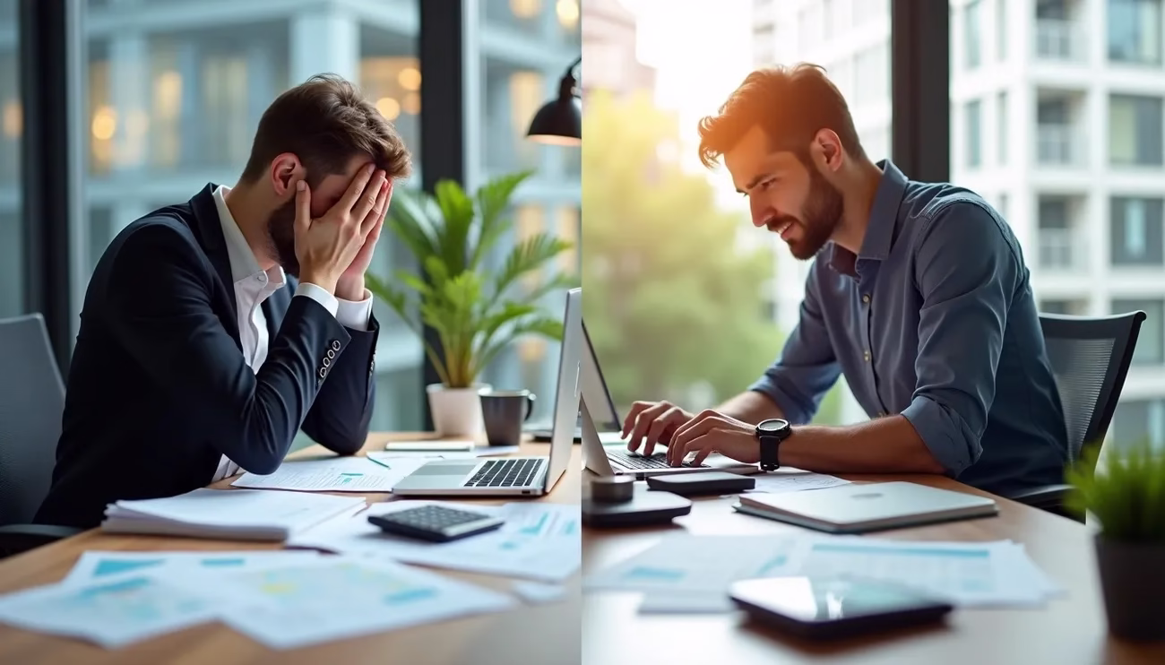Two men working at desks with laptops and documents, one stressed and the other typing in a modern office setting.