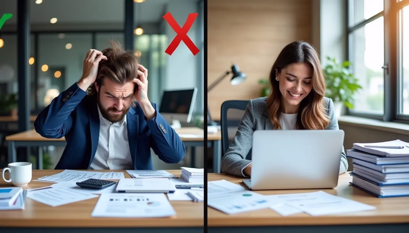 Frustrated man and focused woman working at desks with documents and laptop, illustrating R&D tax credit mistakes.