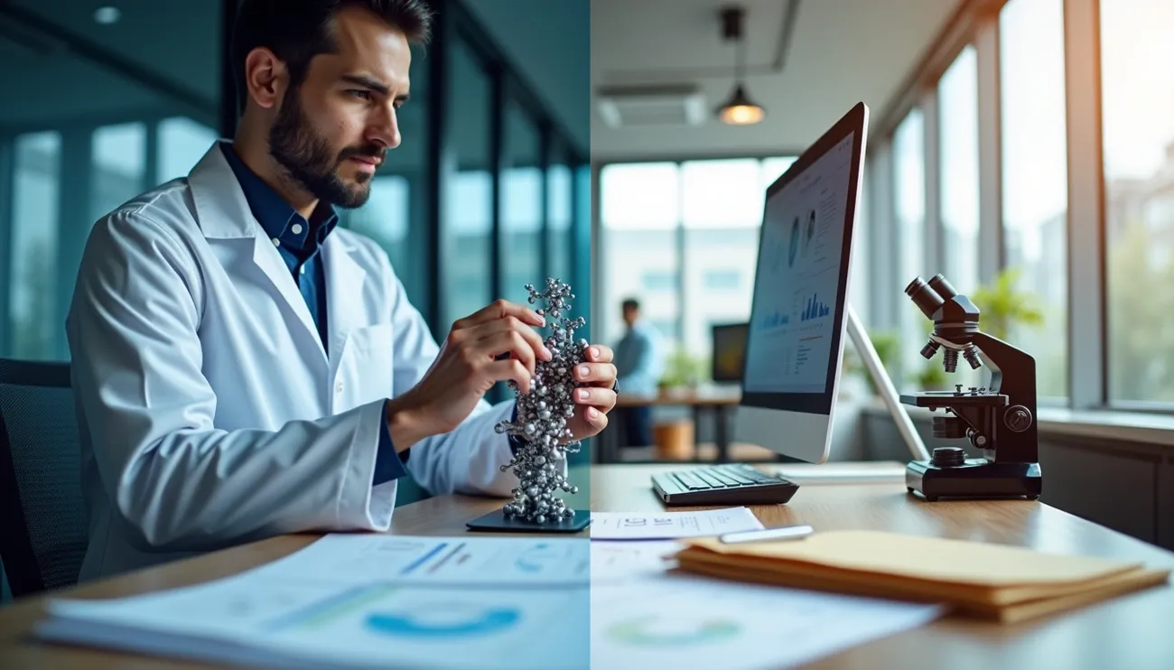 Scientist in a lab coat examining a molecular model beside a computer and microscope in a modern office.
