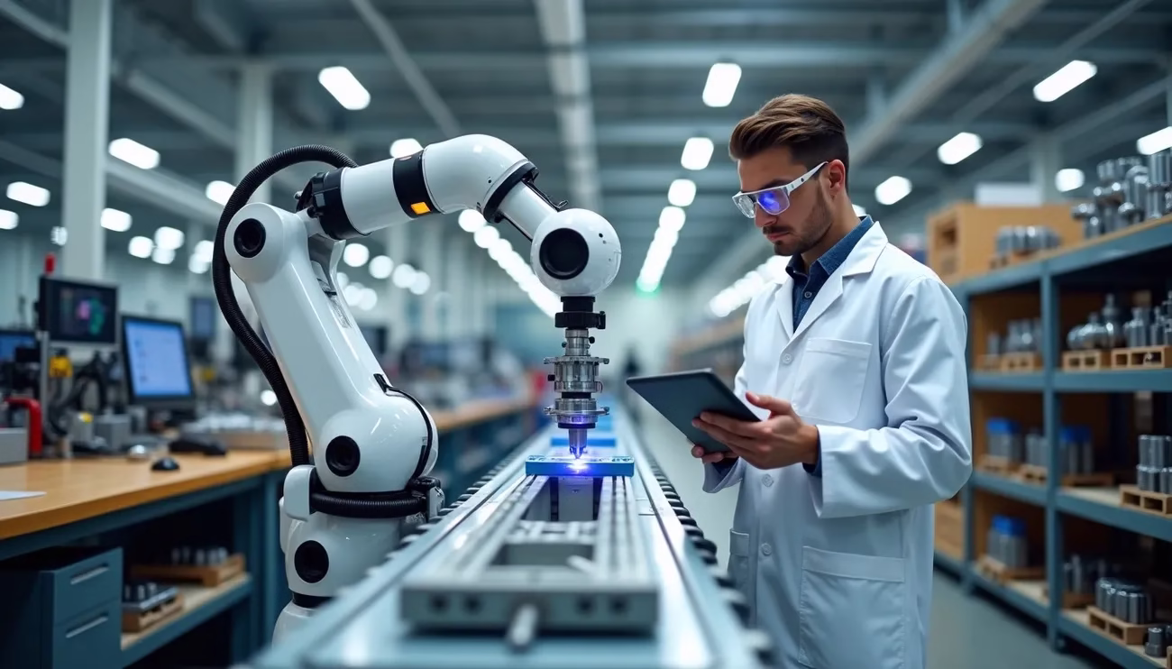 Engineer in a lab coat uses a tablet to monitor a robotic arm performing precision manufacturing in a high-tech factory.