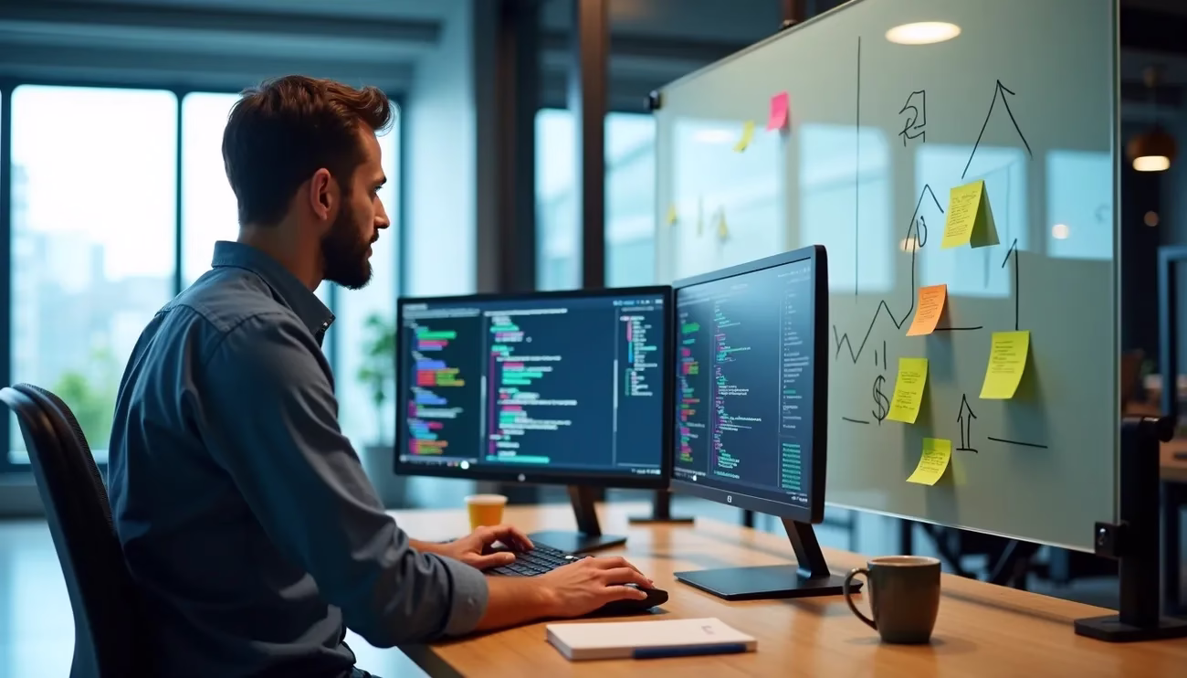 Software developer working on dual monitors with code and project notes on a glass board in a modern office.
