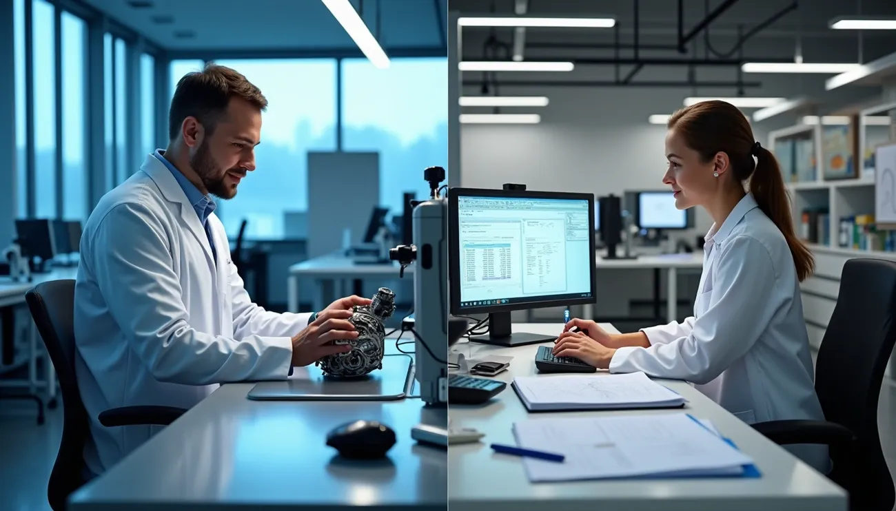 Two scientists in lab coats working on mechanical parts and data analysis in a modern research lab