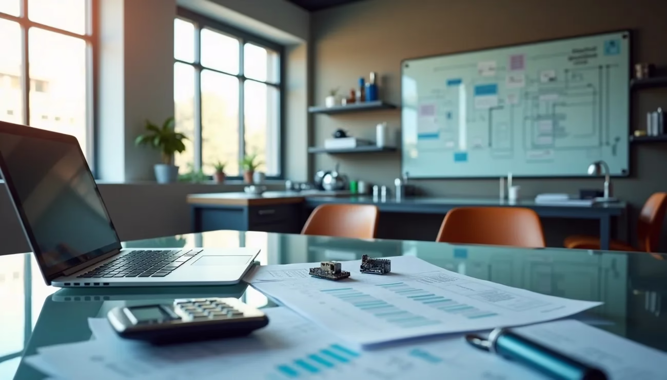 Startup office desk with laptop, calculator, circuit boards, and charts, in a modern meeting room with whiteboard.