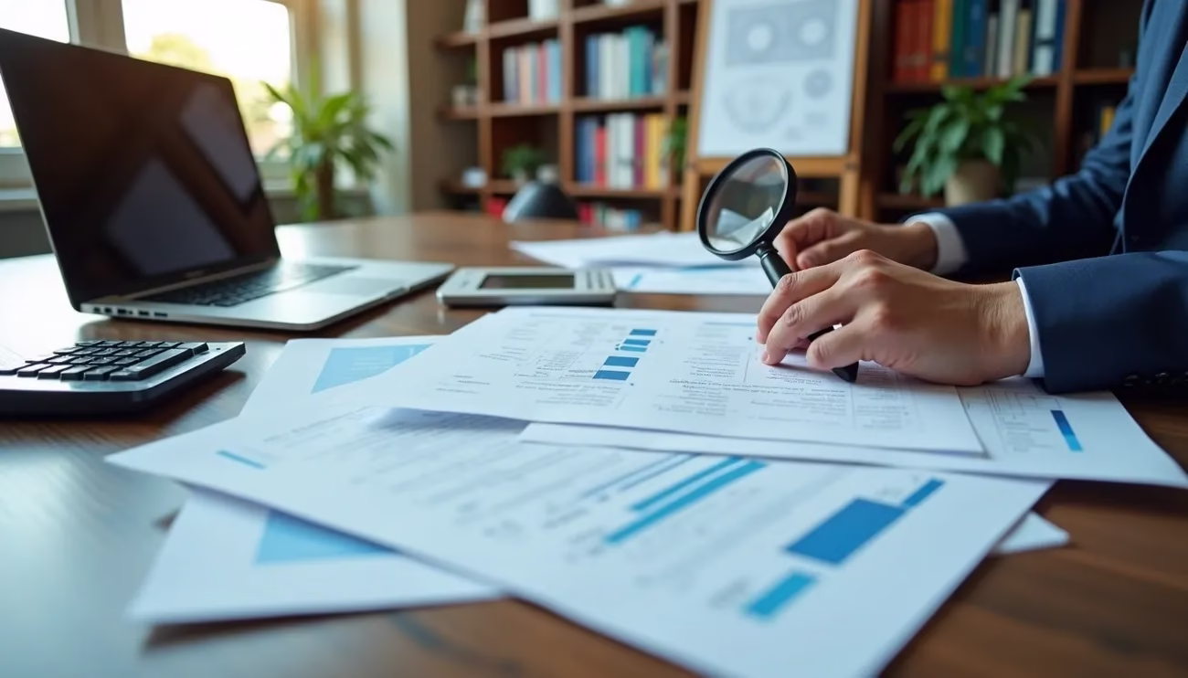 Person in suit using a magnifying glass to examine financial documents with charts on a desk with a laptop and calculator.