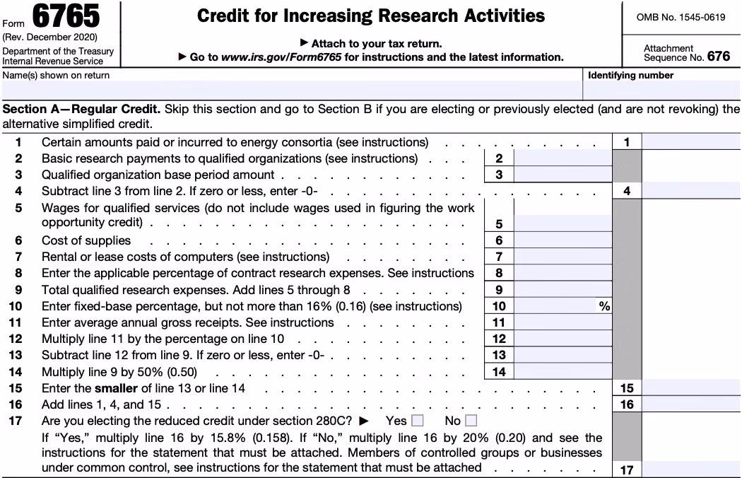 IRS Form 6765 for claiming the Credit for Increasing Research Activities, detailing sections and line entries for tax purposes.