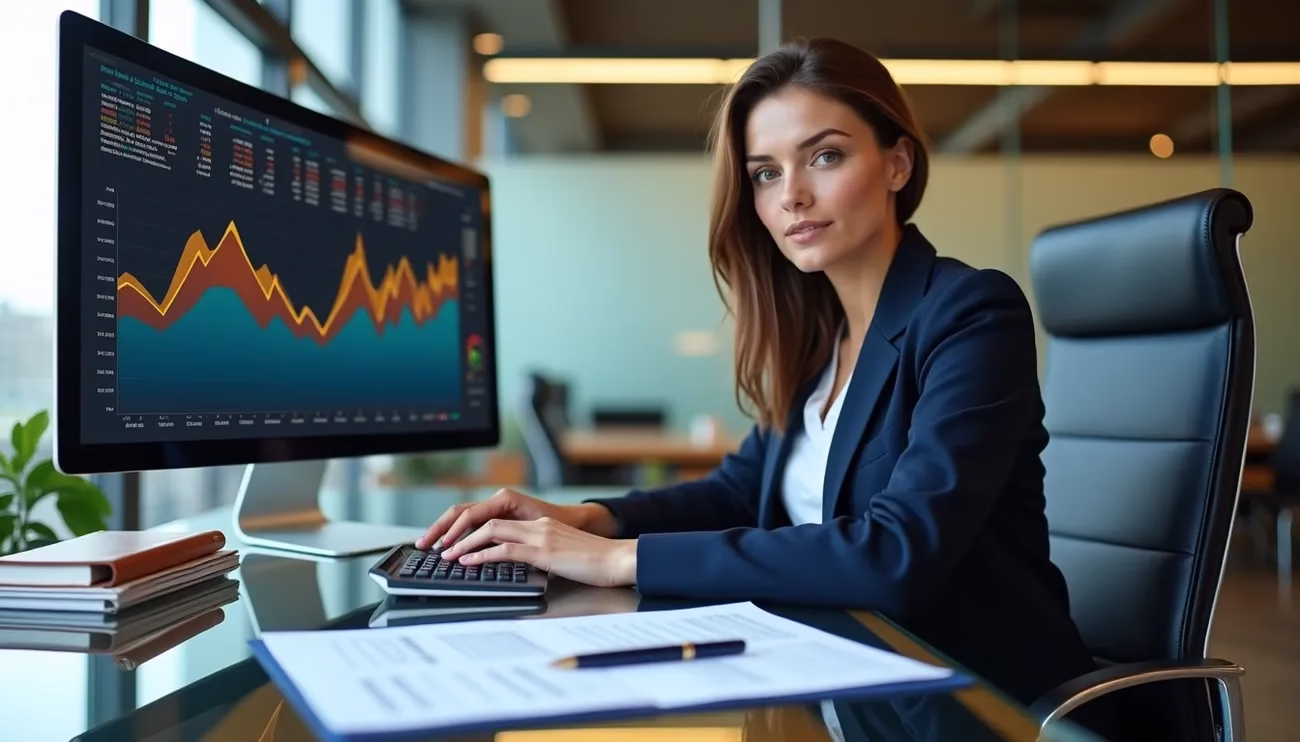 Businesswoman in office analyzing cash flow projection charts on computer while using a calculator at desk.